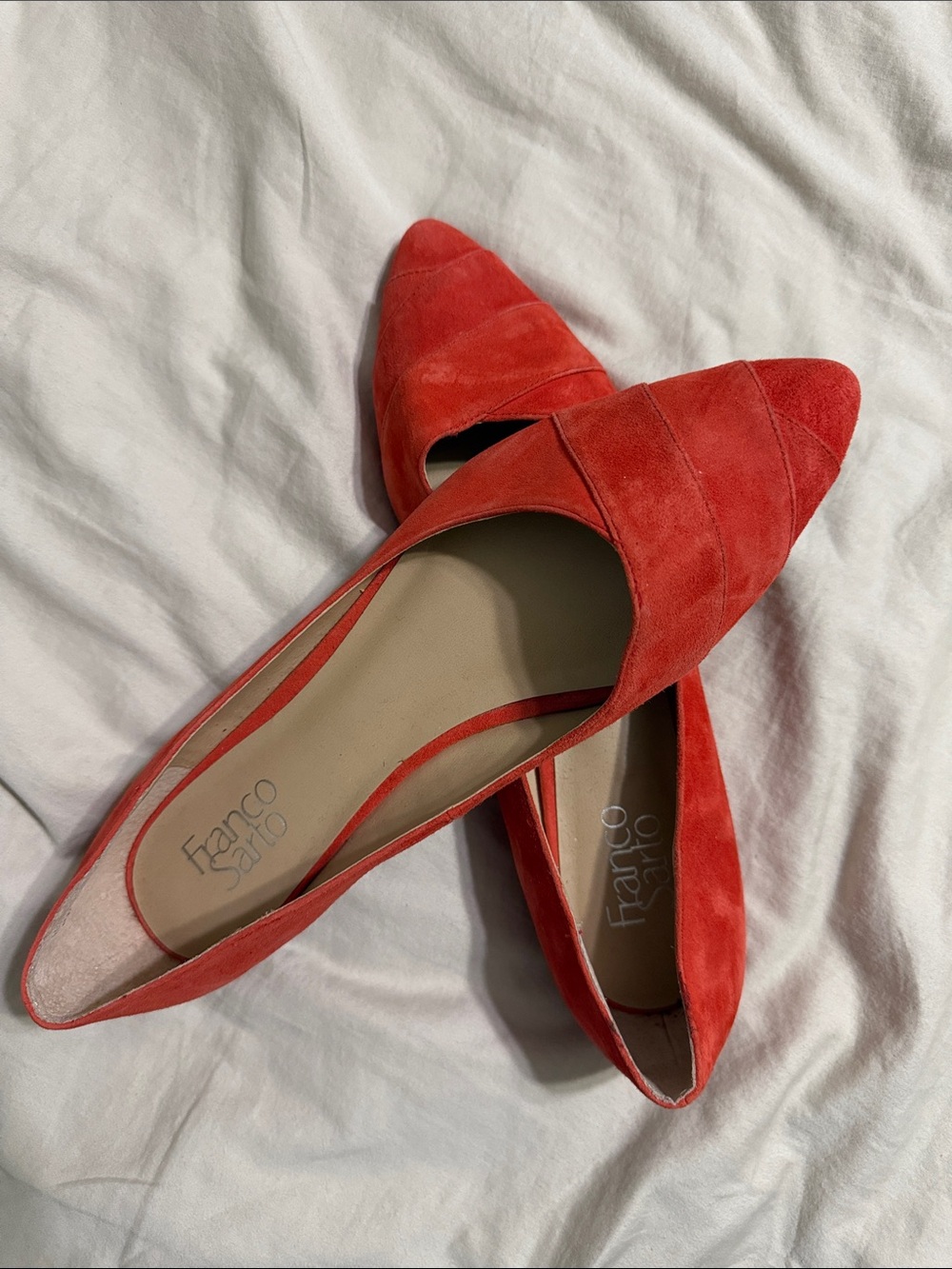Franco Sarto Coral-Red Suede Pointed Toe Flats